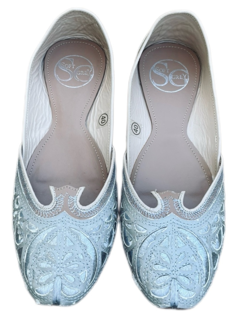 SOFT GREY (La Redoute) Embroidered Silver Jutti Flats - EU Size 40 (US 9)